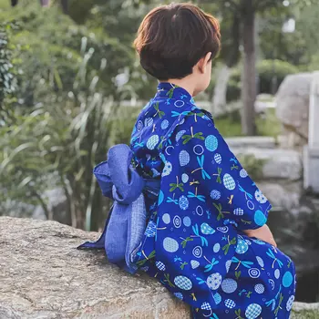 Dječja Japanski Tradicionalni Kimono s Slatka Printevima Obi za dječaka, Večernje Юката, Dječji Scenski kostim za Nastupe