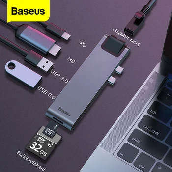 Baseus Dual USB C HUB USB 3.0, HDMI-kompatibilnu SD TF Čitač kartica, Adapter RJ45 PD za Punjenje USB hub Za MacBook Pro Razdjelnik