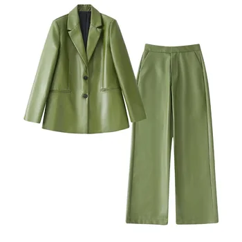 Ženska jesensko-zimska moda, Novi Stil, Odijelo od umjetne kože, jakna, zelene hlače, moderan Tanko Udoban Odijelo