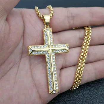Hip-Hop Ledeni Out Križ Privjesak S Lancem Od Nehrđajućeg Čelika Zlatno Ogrlica Za Muškarce Kršćanske Nakit Дропшиппинг