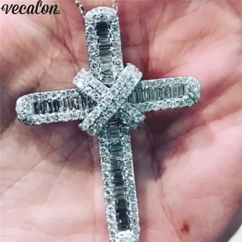 Vecalon Izjava Ljubavnik Križ privjesak 925 Sterling srebra 5A Cz Kamen križ Privjesak ogrlice za Žene i Muškarce Večernje Vjenčanje Dekoracije
