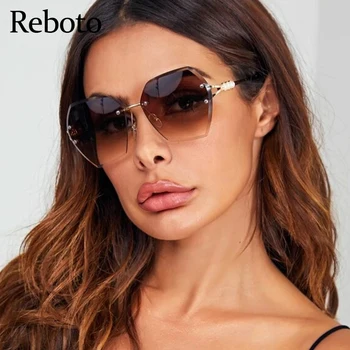 Smeđe Sunčane Naočale Rimless Ženske 2021 Trend Marke Dizajnerske Gradijent Ispunjava Ženske Sunčane Naočale Nijanse Modni Bisera Naočale Za Putovanja Okulary