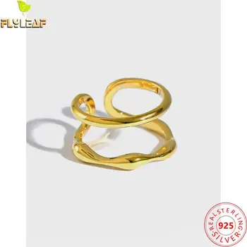 18-Karatno Zlatno Pokriće Dvoslojni Otvoreni Prsten Za Žene Od 925 Sterling Srebra Neujednačen Sjajnu Prsten Femme Fine Jewelry