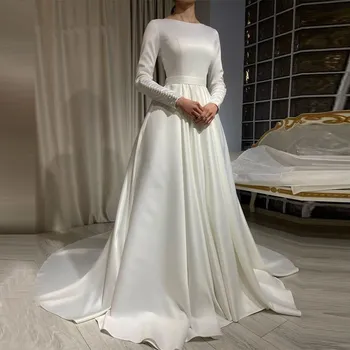 Elegantan Bijeli Saten Ženske Vjenčanje Haljine S Dugim Rukavima Na Red 2022 Muslimanske Vjenčanice Vestidos De Novia Gelinlik