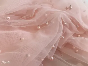 1 yard Svijetlo ružičaste тюлевой tkanine s жемчужными kamenčićima, čipka cvjetne čipke tkanina s жемчужным perle za vjenčanje вуалей, vjenčanice, vjenčanje rekvizita