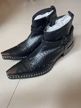Pravi slike talijanskih modeliranje cipele u stilu милитари ručni rad, crne kaubojske čizme od prave kože kravlja koža sa čeličnim oštrim vrhom na visoku petu cipele, muške cipele