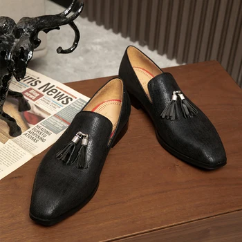Muške kožne modeliranje cipele sa resama, Crne Muške Klasične Cipele-Oxfords Bez-Uvezivanje, Muške cipele s Okruglim Vrhom, Proljeće-Ljeto, Jesen-Zima