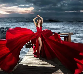 Seksi Večernje Haljine S Dugim vlak Vestido Longos Tamno Crvena haljina Za Prom 2023 Robe De Soiree Večernja Haljina S Visokim Prorezom Fotografija