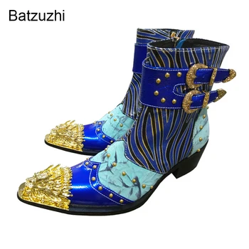 Batzuzhi/Nove Muške cipele ručne izrade, plave Kratke Kožne Cipele za Muškarce, večernje, kaubojske, biciklističke Botas Hombre, buckle, zlatni metalni čarapa