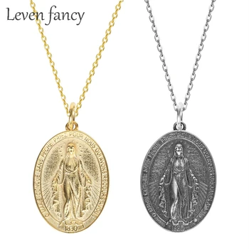 Zlato 925 Sterling Srebro nakit Ogrlica Djevice Marije i Starinski Medaljon Prekrasna Medalju Novčić Ogrlice za Žene Vjerski Nakit Poklon