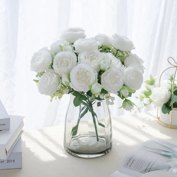 3 Kom. Umjetne Biljke Svila Božur Buket Scrapbooking Vjenčanje Vijence su Lažni Bijele Ruže Vaza za Uređenje Doma Božić