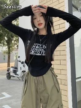 Seeslim Grunge Estetski Print Grafički T-Shirt Ženska Odjeća Dugih Rukava Tanak Korejski Stil Nepravilnog Majica Femme Jesen Šik