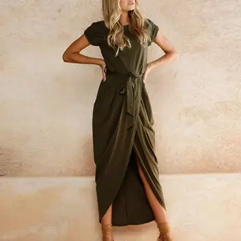 Fashion Women Dress O Vrat Solid Color Slim Waistband Split Hem Polyester Maxi Beach Summer Dress haljine za žene
