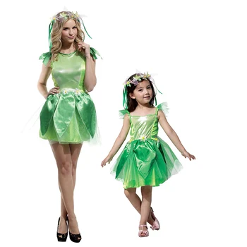 Roditelj-dijete Halloween Karneval Šumski Zeleno Odijelo Pixie Prekrasna vila Flower Fairy Cosplay Večernje Elegantne Haljina