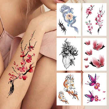 Cvijet Šljive Privremena Tetovaža Dizajne Za Žene, Djevojčice Akvarel Zmaj Lisica Tetovaže Naljepnica Lažna Leptir Jelen Body Art Slika Tetovaže