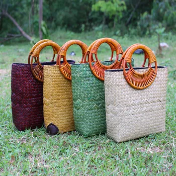 28x24 cm Nova Tajlandska Jednostavna Slama torba ručnog rada od ratana, Tkiva torba od pamuka i lana A4185