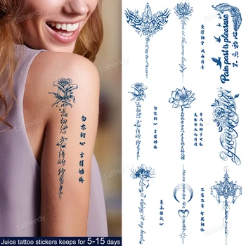 Sok Tinta Otporna Tetovaža Prirodni Body Art Slikarstvo Plava Ruža Je Cvijet Lotosa Pismo Privremeni Tattoo Rukava Ruku Lažna Tetovaža