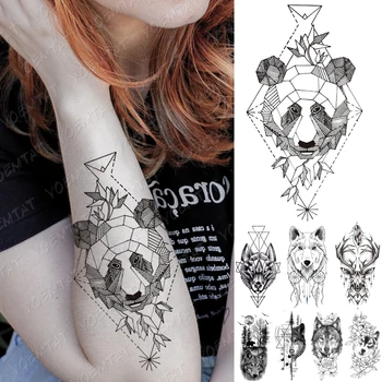 Vodootporne Privremena Tetovaža Naljepnica Linija Geometrija Lisica Panda Vuk Jelen Tetovaže Cvijeće Body Art Ruka Lažni Rukav Tetovaža Žene Muškarci