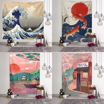 Deka Sa Po Cijeloj Površini Kanagawa Val Zidna Tapiserija Boem Krevet Hipi Japanska Ilustracija Kawai Spavaća Soba Kućni Dekor
