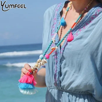 Yumfeel Firma Novost Sa Lanca I Ogrlice Za Žene Ručno Izrađene Drvene Perle, Prirodni Kristali U Obliku Školjke Pom Duga Čekanja