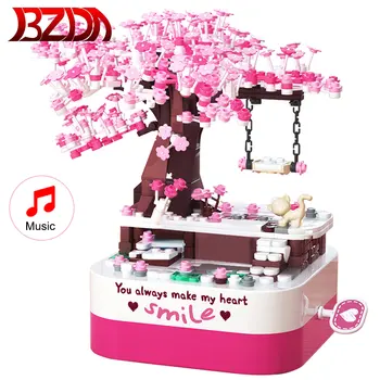 BZDA Procvata Trešnja Drvo Muzička Kutija Revolving Sakura Gradivni Blokovi Sakura Stablo Kreativnost Cigle Igračke za Djecu Darove Za Djevojčice