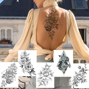 Geometrijski Cvijet Privremene Tetovaže Lažni Crna Ruža Božur Vodootporan Tattoo Naljepnice Ženska Moda Body Art Ruka Tetovaža Za Show