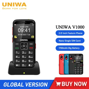 Značajka UNIWA V1000 4G Telefon 0.3 MP Kamera Mobilni Telefon Ruska Tipkovnica 2.31 Inča Veliki Gumb Mobilni Telefoni 1700 mah za Umirovljenike SOS