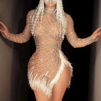Gole sjajna rhinestones biseri sa seksi haljinu s prorezom za žene noćni klub DJ faza odjeća pjevačica odijela Prom nosi
