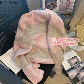 Kontrastne Boje Linije Svijetle Svile Pletene Džemper Ženski Korejski Stil Jesen Zima Dugih Rukava Slobodan Puloveri Veste Mujer