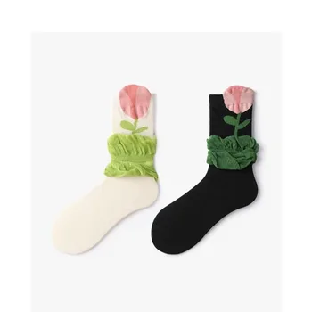 Ženske čarape s cvjetnog mreže, crvene niša čarape u cijev, proljeće-jesen tanke duge čarape s prorezom, univerzalni trend čarape ins sa zelenim lišćem