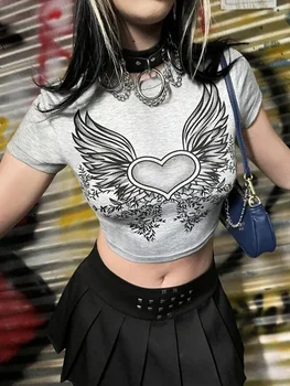Majice u retro stilu s grafičkim po cijeloj površini, ulica Seksi majice u stilu Харадзюку, Grunge, Predivna Odjeća Y2K, Estetski pupak 90-ih, gotička godina Skraćene Top, ženski