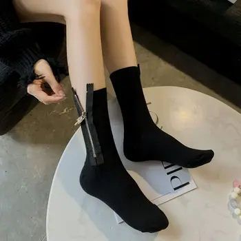 1 Par ženske Pamučne čarape srednje Duljine s patent-zatvarač, Modni crnci, Bijeli Univerzalne sportske Čarape, Meke Prozračni